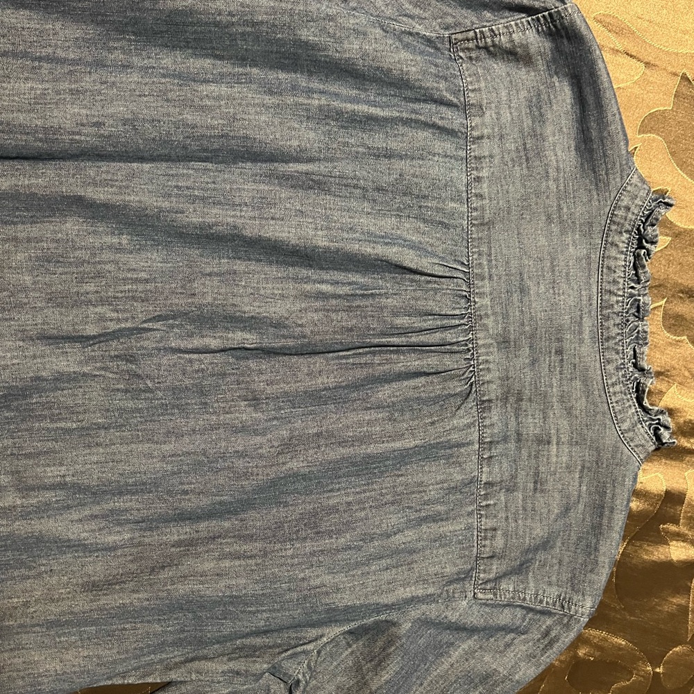NWT Talbots Denim Chambray Ruffled Collar Top Rhinestone Buttons 100% Cotton PL - Picture 12 of 14